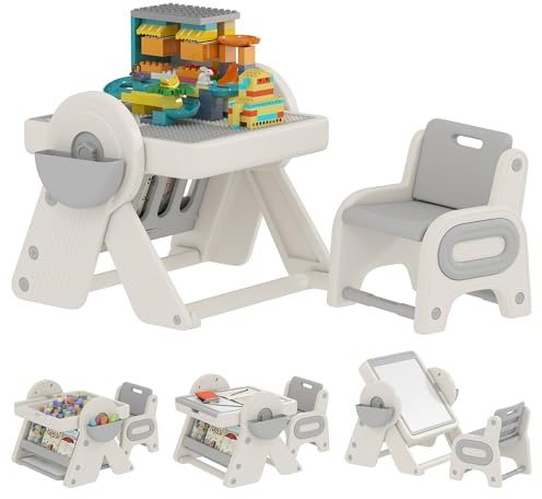 AIYAPLAY Set Tavolo e Sedia Bambini 3 in 1 con Tavolo da Costruzione, Lavagna, Cavalletto Convertibile e Contenitori, Tavolino Multiattività con Sedia in Plastica per Bambini 2-4 Anni per Cameretta