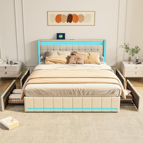 FOERPL Cama doble 180 x 200 cm con almacenamiento, cama con cajón LED, 4 cajones de hierro, mesita de noche con puerto de carga USB, cama LED con cajón de tela de lino, marco de cama para adultos