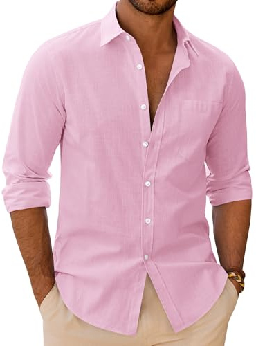 siliteelon Mens Linen Shirts Long Sleeve Cotton Casual Regular Fit Solid Button Down Beach Summer Tops with Pocket