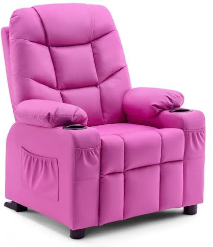 MCombo Big Kids Recliner for Ages 3+, Child Reclining Chair, Toddlers Recliner Sofa with Cup Holders (Faux Leather, Pink)