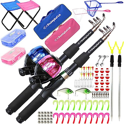 DaddyGoFish Kids Fishing Pole - Rod Reel Combo Tackle Box Starter Set - First Year Small Dock Gear Kit for Boys Girls Toddler Youth Age Beginner Little Children (Older Kids (2 Pack, Blue + Pink), 5ft)
