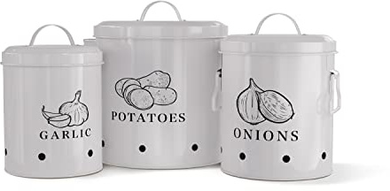 KooK Potato, Onion & Garlic Kitchen Storage Canisters, Rustic Farmhouse Containers with Aerating Holes, Vintage Vegetable Tins, Set of 3, 5 Liter, 2 Liter & 1 Liter (Slate Grey)