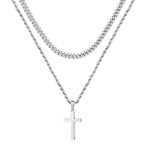 Ursteel Layered Cross Necklace for Men - 18K Gold Silver Black Stainless Steel Mens Cross Necklaces Cross Chain, Layered Rope Chain Cross Necklace for Men Boys 16 18 20 22 24 Inch Necklace, Stainless