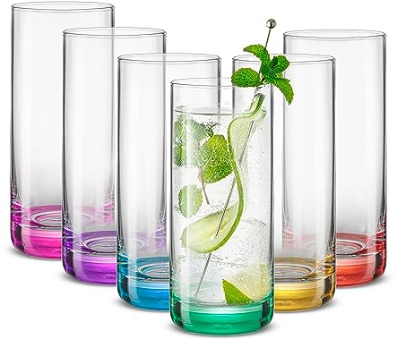 JoyJolt Hue Highball Glasses Set of 6 Tall Drinking Glasses, 13oz Bourbon Whiskey Glass Cups Set, Mojito Glass Tumbler also for Tom Collins Cocktail or Water, Colored Glassware Sets