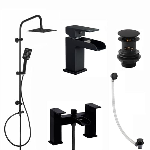 ENKI, Plaza, BBT0259, Matte Black Tap Bundle incl. Bath Shower Mixer Tap with Dual Riser Rail, Basin Mixer, Bath and Basin Wastes