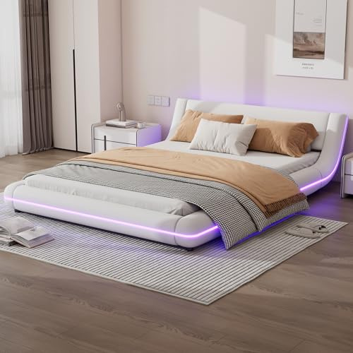 Sapgaks Cama Doble 140x200 cm,Cama Matrimonio,Cama Queen Size,Dormitorio Completo,Estructura de Cama de PU,Cama de Piso,luz Ambiental LED,Control Remoto de 24 Botones,Blanco