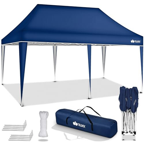tillvex Pavillon 3x6m wasserdicht | Pop-Up Faltpavillon höhenverstellbar | Gartenzelt UV Schutz 50+ | Partyzelt mit Tasche für Garten (Blau)