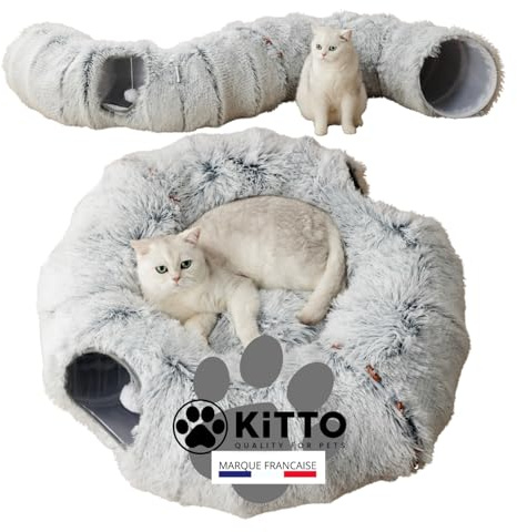 Kitto - Tunnel pour Chat - Panier Moelleux avec Coussin lit - Tunel Cat Jeu - Cabane, Niche - Tunnelle modulable - Rond -Convient pour Chat XXL, Petit Chien, Lapin, Furet - 12 Attaches en Bois