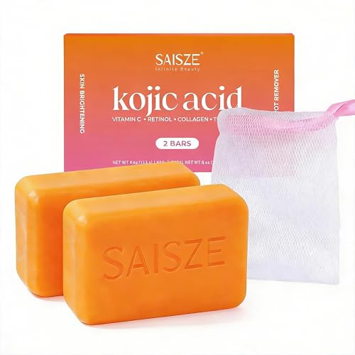 SAISZE Jabón Facial y de Manos con Cúrcuma y Ácido Kójico, 2 Pastillas de Jabón de 4 oz / 113 g Cada Una, Limpiador Sólido Diario con Manteca de Karité y Glicerina, con Bolsa de Malla, para una Piel d