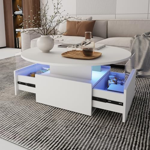 KEEPREAPER Couchtisch rund, Wohnzimmertisch mit 16-Farbiger LED Beleuchtung, für Wohnzimmer 80 x 80 x 40cm (Weiß)