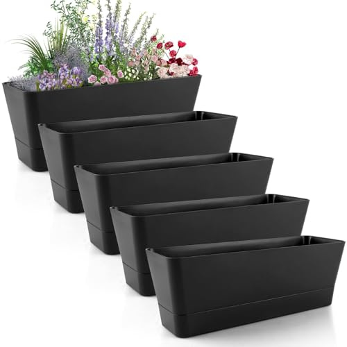 LOLYSIC 5 stycken små rektangulära blomkrukor, örtkruka med bricka balkonglåda bonsai-kruka rektangulär planteringslåda, svart plastkrukor för trädgård, balkong, fönsterbräda (30,5 x 9,7 x 8,5 cm)
