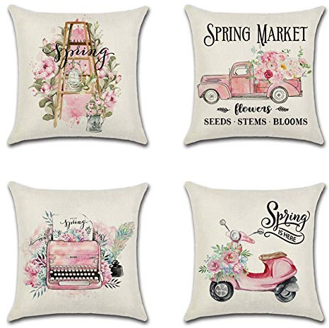 Artscope Set of 4 Spring Pink Flowers Cushion Covers, Cotton Linen Decorative Square Throw Pillow Covers for Couch Outdoor Bench Patio Garden Farmhouse Decor, 45x45cm Spring-4