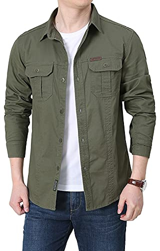 Hombres Chaqueta Estilo Militar Camisa de Combate de Algodón Ligero Chaquetas Bomber Camisa Cargo de Manga Larga Delgada Y Elegante, Trabajo, Ocio Y Vida Diaria,Verde Militar,L
