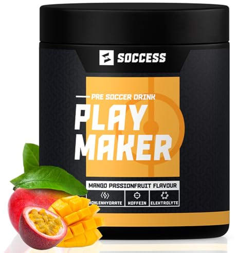 PLAYMAKER | Workout Booster speziell für Fußballer | Sport Drink mit Kohlenhydraten + Elektrolyten + Mineralien + Aminosäuren + Koffein | 20 Portionen | Mango-Passionsfrucht
