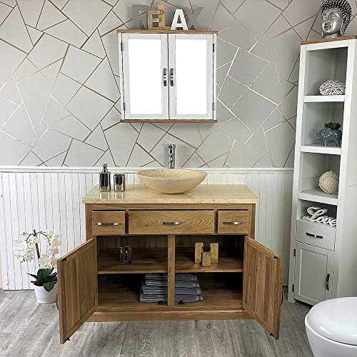 Wooden Bathroom Vanity with Sink & Drawers - Double Door Bathroom Sink Cabinet Wash Basin - Single Vanity Unit with Chromed Mixer Tap - Natural Oak - Cream Marble Bowl with Travertine Top (1161CM25CM)