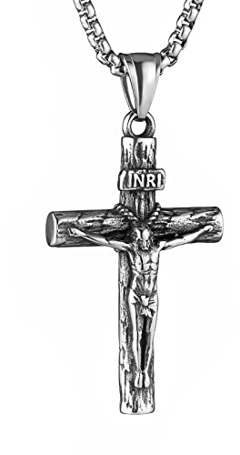'HZMAN Rostfritt stål Jesus krucifix korshalsband religiöst INRI korshänge för män kvinnor med 61 cm kedja smycken present