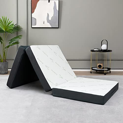 LIFEZEAL Materasso Pieghevole Campaggio, Singolo, 80x193x10cm, Imbottito in Spugna, Fodera Sfodrabile, Lavabile, Futon, Pouf, per Ospite e Viaggio, con Maniglia Portatile, Ortopedico, 3 Parti, Grigio