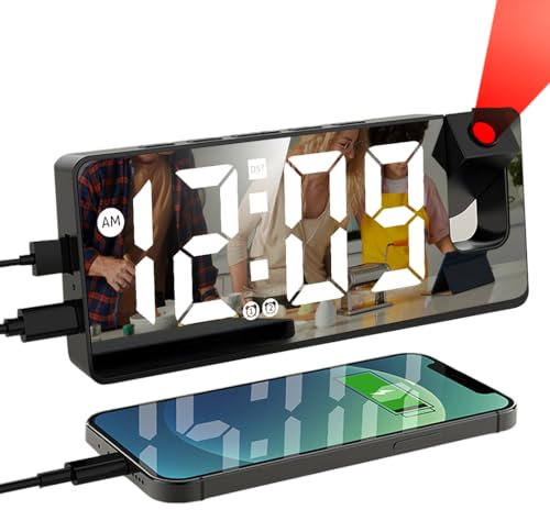 321Wasay LED Projection Alarm Clock, Projector Alarm Clock for Bedroom Ceiling, Projector Projection Clocks for Bedrooms, Digital Alarm Clocks Bedside with Temperature (black with USB cable)