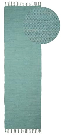 carpetfine Flickenteppich Kelim Chindi Uni Läufer Türkis 60x180 cm, handgewebt | Fleckerlteppich aus Baumwolle für Wohnzimmermit Fransen