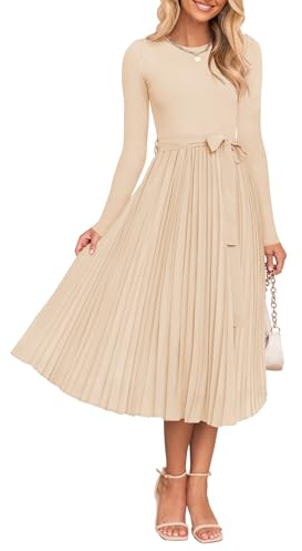 ZESICA Women's Spring Long Sleeve Sweater Dress 2025 Casual Crewneck Knit Belted Pleated A Line Flowy Party Midi Dresses Apricot Large