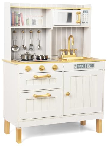 Cucina per bambini in legno rosa, cucina giocattolo con lavello, piano cottura e forno, completa di accessori, in legno con finiture dorate, per bambini dai 3 anni in su