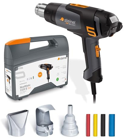 Steinel Heißluftpistole HM 2320 E Set, inkl. Düsen und Schrumpfschläuche, 2300 W Profi-Heißluftfön, 80°-650°C, LCD Display, Keramikheizung