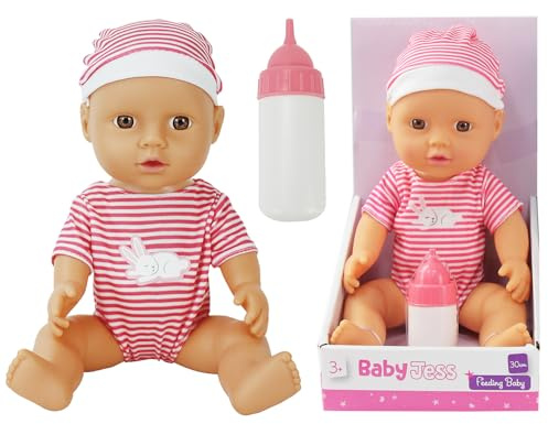 Baby Doll and Feeding Bottle Gift Set - 30cm Baby Boy or Girl Care Doll with Bottle for Imaginative & Pretend Play – Kids Doll Play Set for Christmas & Birthday - Pink or Blue, 3+ Years (Pink)