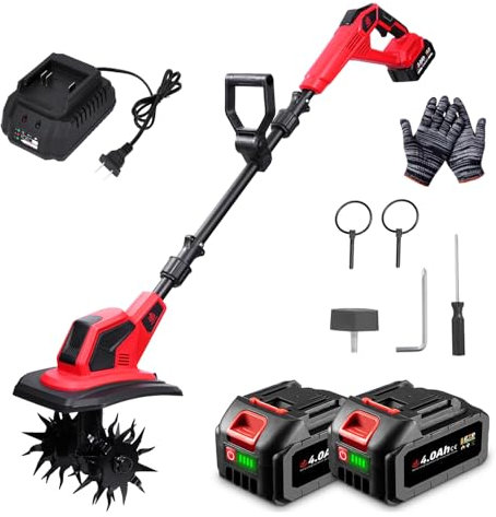 ONEVAN Gartenfräse Akku, Motorhacke Elektrisch mit 2 4.0Ah Akkus, 16 cm Arbeitstiefe, 23 cm Arbeitsbreite, Akku Kultivator Garten Bodenhacke Bodenfräse Grabenfräse zum Umgraben und Lockern