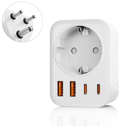 Adattatore da Viaggio India, Adattatore 5 in 1 Sri Lanka con 1 CA e 2 USB-C e 2 USB-A (3,4 A), Spina da Viaggio a 3 pin Tipo D per India, Sri Lanka, Bangladesh, Iraq, Nepal, Nigeria tipo D