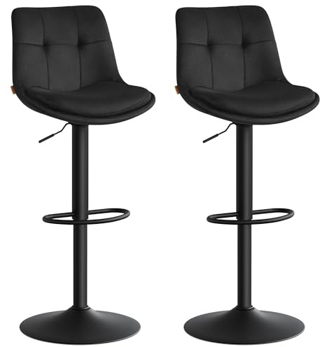 VASAGLE Barhocker 2er Set, Barstühle höhenverstellbar, drehbare Küchenhocker, Samtbezug, mit Rückenlehne und Fußstütze, Esszimmer, Theke, tintenschwarz LJB198BH01