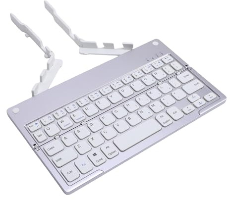 Focket Foldbar -Tangentbord, Bärbart Trådlöst Vikbar Tangentbord med Telefonstativ, Liten Tyst Lätt Laddningsbart Resetangentbord för Pad Tablet Laptop Smartphone (Silvervit)