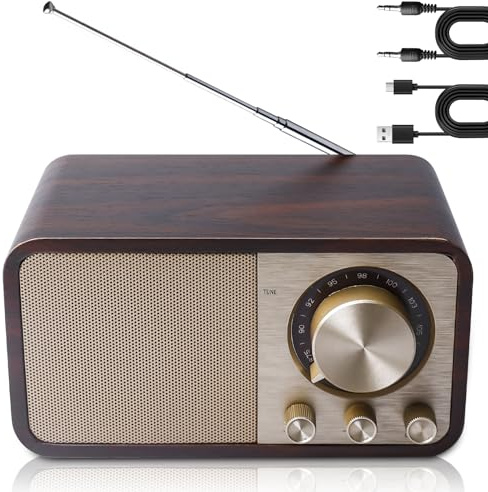 Radio retro con Bluetooth, radio nostálgica con batería recargable de 1500 mAh, tarjeta USB/TF/AUX, altavoz de 5 W, aspecto de madera, radios vintage para cocina, dormitorio, oficina
