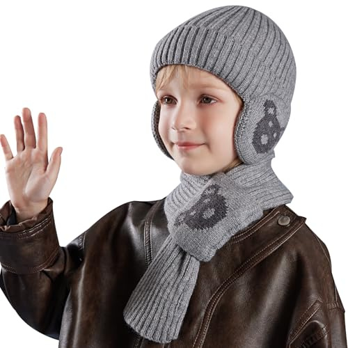Vintermössor med halsduk för barn, fleecefodrade hattar djurmössa med öronmuffar för flickor och pojkar 4–10 år, Grå, one size