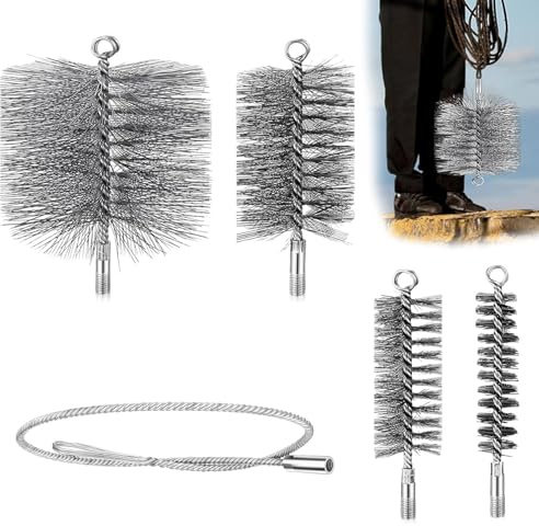 5 stycken ugnsrörsborstset, skorstensborste 30/50/80/150 mm borste och 1 m slangborstrems-set för skorstensrengöring