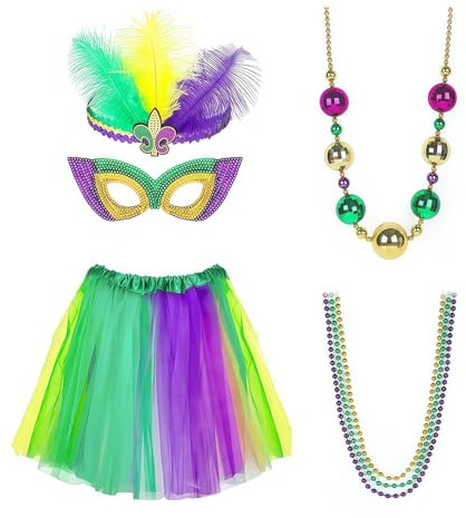 Ruispeed 7 Pcs Mardi Gras Costume Accessories Set Women Outfit Tutu Skirt Headband Masquerade Mask Feathered Beads Boas for Women Carnival Costume Party Supplies