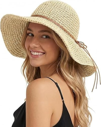EKKONG Cappello da Sole Donna Cappello da Spiaggia con Tesa Larga Cappello da Sole a Protezione UV per la Spiaggia Pieghevole per Le Donne (Beige)