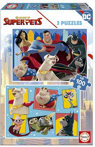 Educa - 2 x 100 DC League of Super-Pets | 2 Puzzles of 100 Pieces Each, Fun by Double Game, Each Puzzle Measurement: 40 x 28 cm | Ages 6 and up (19484)