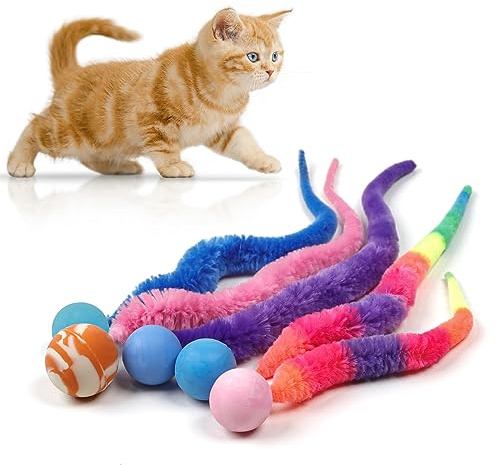 SHENGSEN Mixed Bouncy Ball with Tail Cat Toys-5 Packs,Rainbow Magic Worm with Ball Toy for Cats,Colorful Fuzzy Worm Bouncy Balls Cat Toy