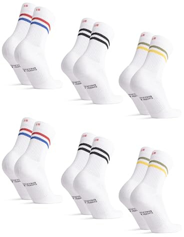 DANISH ENDURANCE Crew Tennis Socks, Cushioned, 3 & 6-Pack, Multicolor (2xBlack Stripes, 2xGreen/Yellow Stripes, 2xRed/Blue Stripes), Medium