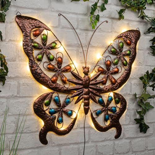 Solcellsväggbild fjäril i brons med 24 LED – 61 x 52 cm – metallväggdekoration för utomhusbruk varm vit belysning – trädgårdsdekoration vägglampa stämningsljus för utomhusbruk