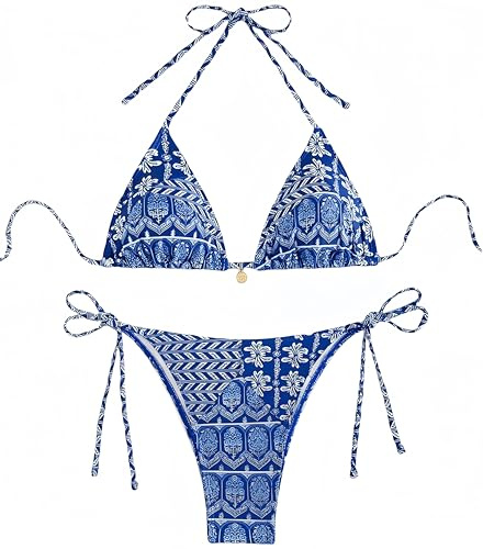 Ocean Plus Femme Boho Triangle Bikini Set avec Armatures Maillots de Bain Bandeau Slips avec Cordon de Serrage (M (EU 34-36), Motif Bleu Royal)