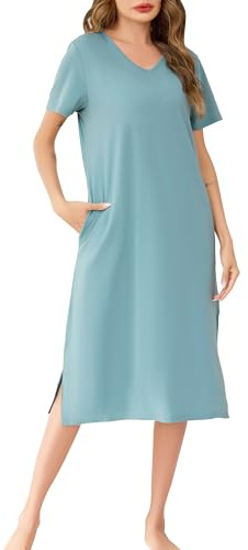 Wikoan Chemise de Nuit Longue Chemises de Nuit en Coton pour Femme Robe de Nuit à Manches Courtes Col V Chemise de Nuit avec Poches Vert Clair XL