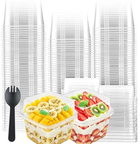 50Pcs Cheesecake Pots with Lids & Forks, Square Dessert Cups, 8oz/240ml Reusable Plastic Dessert Bowls, Clear Plastic Cheesecake Cups for Cupcake Pudding Snacks Yogurt Parfait Fruits Mousse Party