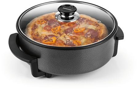 GOURMETmaxx Sartén eléctrica para pizza con termostato, tapa de cristal y revestimiento antiadherente, sartén multifunción con 30 cm de diámetro y 1500 W, ideal para fiestas