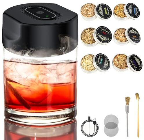 Whiskey Smoker kit, Electric Cocktail Smoker Kit with 6 Wood Chips, Old Fashioned Whisky Smoking Set, Rechargeable Drink Smoker Kit, Bourbon Whiskey Gifts for Dad, Men, Husband
