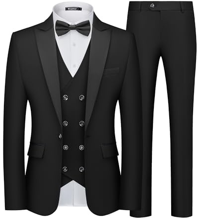 WULFUL Slim Fit Tuxedo for Men One Button Suit Set Prom Party Wedding Tux Men's Suits 3 Piece Black