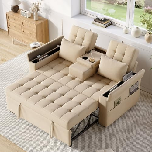MOBETTRES 2-Sitzer Schlafsofa mit Stauraum und Verstellbarer Rückenlehne, Sofa mit Armlehnen-Staufächern und Kissen, Vielseitiges Klappsofa für Wohnzimmer, Schlafzimmer oder Wohnung (Beige)