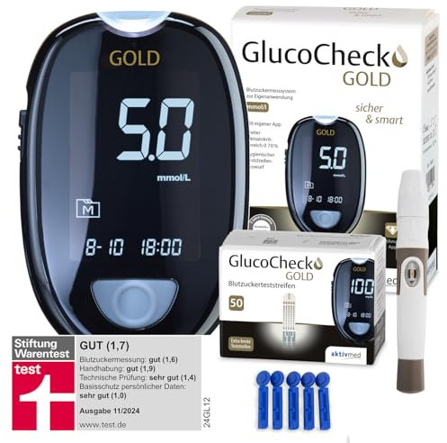 GlucoCheck GOLD Blutzuckermessgerät Set [mmol/l] mit 60 Blutzuckerteststreifen, 10 Lanzetten, 1 Stechhilfe, 1 Etui, Sparset zur Blutzucker-Selbstkontrolle bei Diabetes