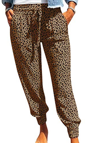 Dresswel Damen Leoparden Hose hohe Taille Jogginghose Hippie Hose Pumphose Haremshose mit Elastischen Bund und Taschen Noos Hose