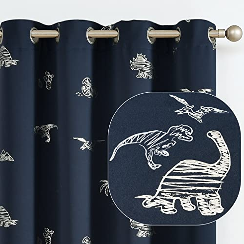 Vangao Navy Blue Blackout Curtains Dinosaur Curtains for Boys Kids Nursery Girls Room Silver Dino Foil Print Thermal Insulated Grommet Top Window Drapes 63 Inches Length 2 Panels